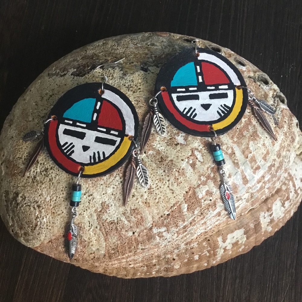 Hand Painted Sun God Leather Earrings with Turquoise - Feather Charms & Fringe